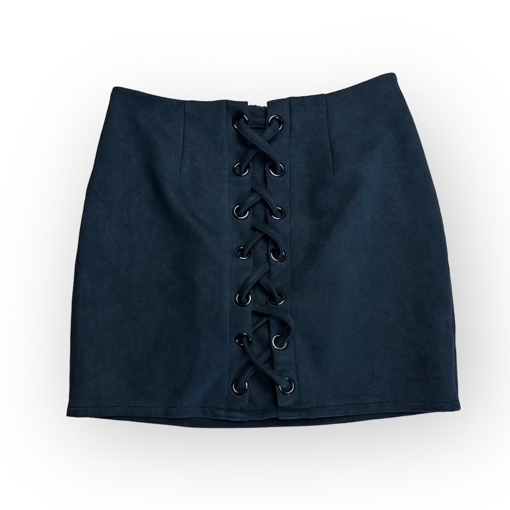 Black Suede Mini Skirt Lace up Detail Grunge Punk Rock Shinestar Women’s Medium